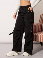 Women Black Parachute Side Metal Buckle Detail Cargos