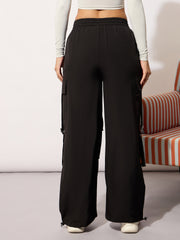 Women Black Parachute Side Metal Buckle Detail Cargos