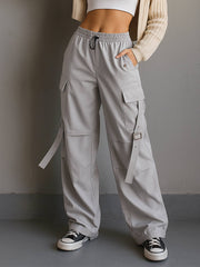 Women Grey Parachute Side Metal Buckle Detail Cargos