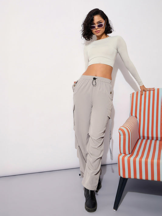 Women Grey Parachute Side Metal Buckle Detail Cargos