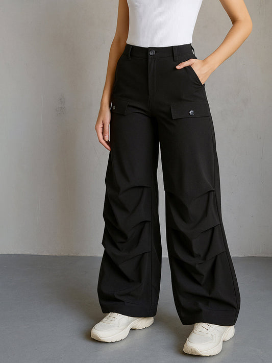 Women Black Parachute Pintuck Cargos