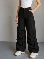 Women Black Parachute Pintuck Cargos