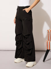 Women Black Parachute Pintuck Cargos