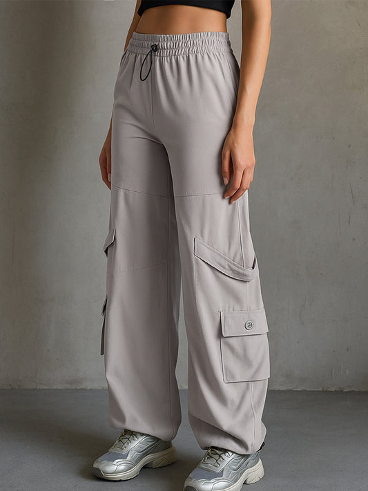 Women Grey Parachute Hem Pockets Cargos