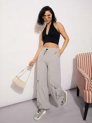 Women Grey Parachute Hem Pockets Cargos