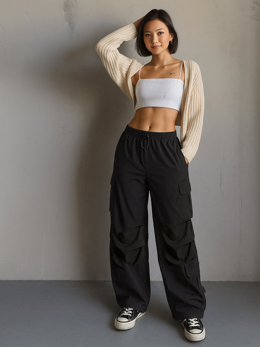 Women Black Parachute Multi Pockets Cargos