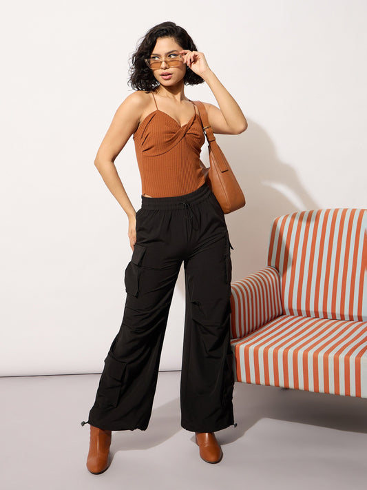 Women Black Parachute Multi Pockets Cargos