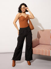 Women Black Parachute Multi Pockets Cargos