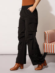 Women Black Parachute Multi Pockets Cargos