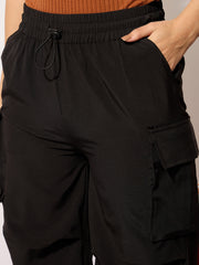 Women Black Parachute Multi Pockets Cargos