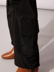 Women Black Parachute Multi Pockets Cargos