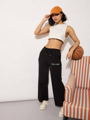 Women Black Terry NEW YORK Print Track Pants