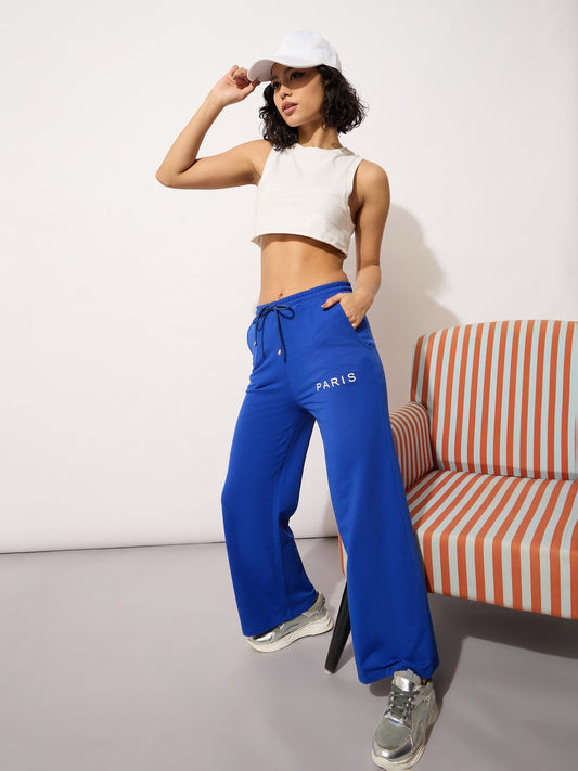 Women Blue Terry PARIS Print Track Pants