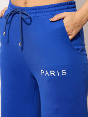 Women Blue Terry PARIS Print Track Pants