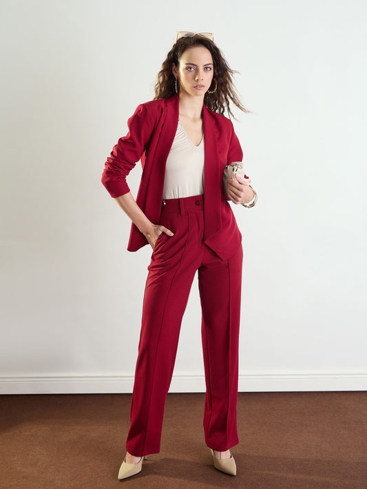 Women Maroon Front Dart Straight Fit Pants