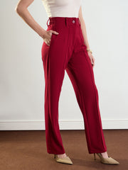 Women Maroon Front Dart Straight Fit Pants