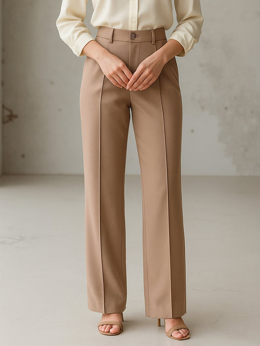 Women Beige Front Darted Straight Fit Pants