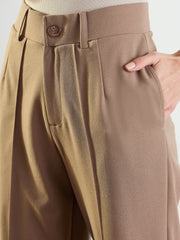 Women Beige Front Darted Straight Fit Pants