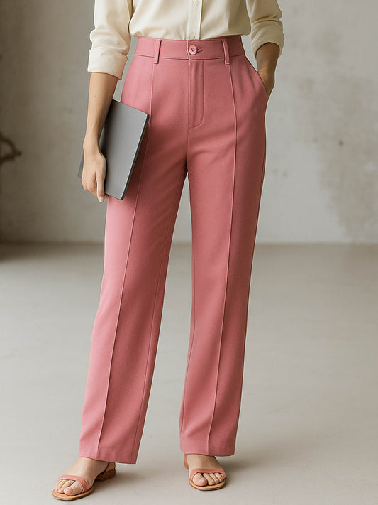 Women Pink Front Darted Straight Fit Pants