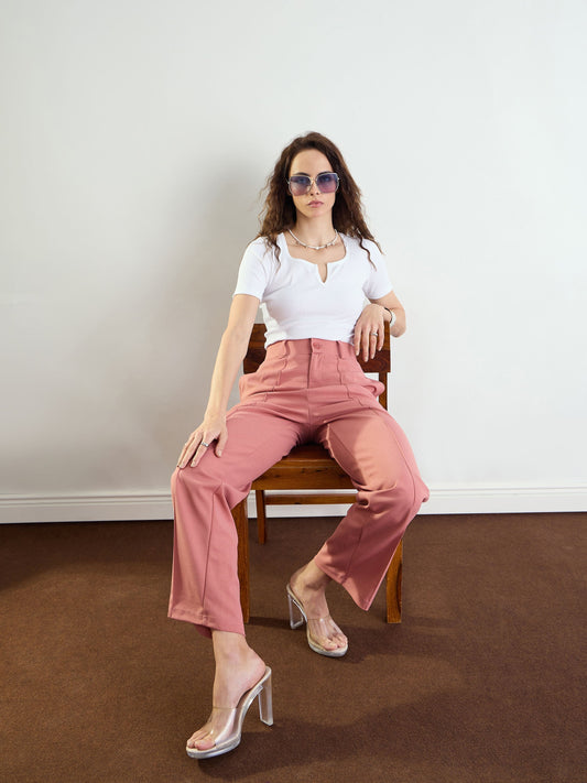 Women Pink Front Darted Straight Fit Pants