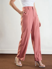 Women Pink Front Darted Straight Fit Pants