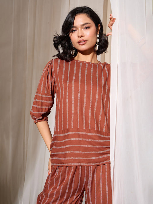 Women Rust Stripes Print Top With Pants