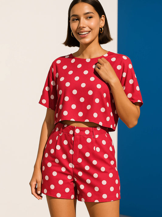 Women Red Polka Dot Crop Top With Hem Fold Shorts