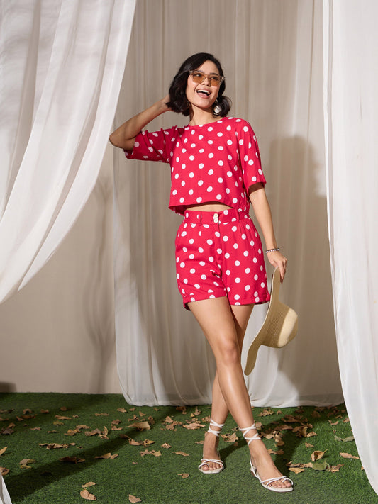 Women Red Polka Dot Crop Top With Hem Fold Shorts