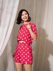 Women Red Polka Dot Crop Top With Hem Fold Shorts