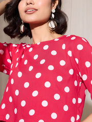 Women Red Polka Dot Crop Top With Hem Fold Shorts