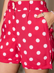 Women Red Polka Dot Crop Top With Hem Fold Shorts