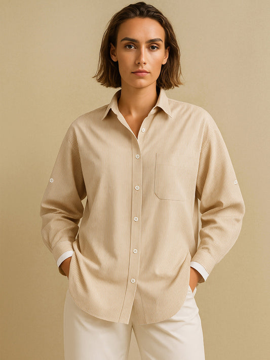 Women Beige Striped Roll Up Sleeves Shirt