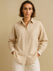 Women Beige Striped Roll Up Sleeves Shirt