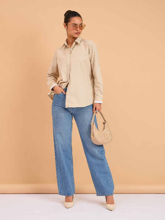 Women Beige Striped Roll Up Sleeves Shirt