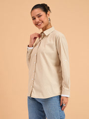 Women Beige Striped Roll Up Sleeves Shirt
