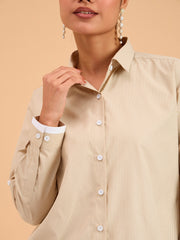 Women Beige Striped Roll Up Sleeves Shirt