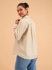 Women Beige Striped Roll Up Sleeves Shirt
