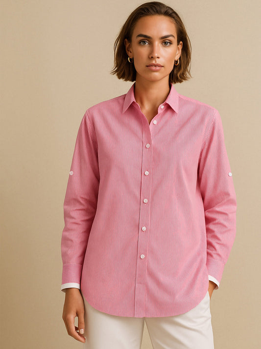 Women Fuchsia Striped Roll Up Sleeves Shirt