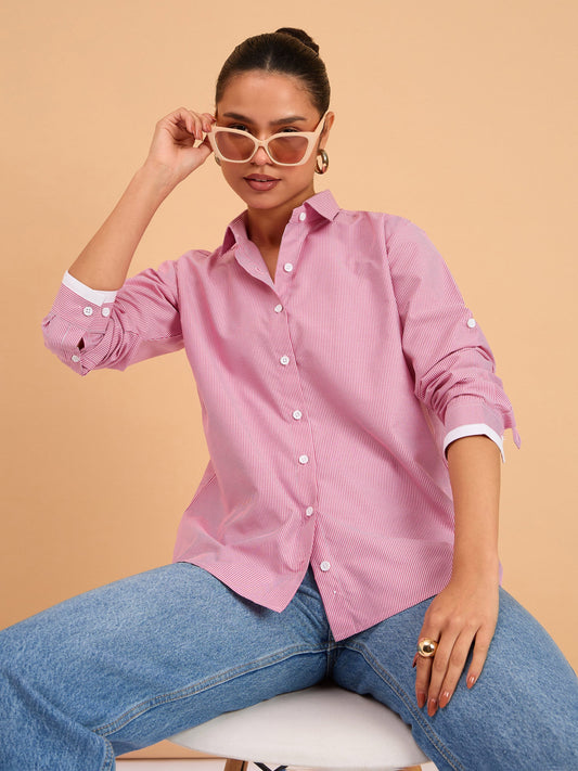 Women Fuchsia Striped Roll Up Sleeves Shirt
