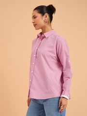 Women Fuchsia Striped Roll Up Sleeves Shirt