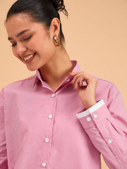Women Fuchsia Striped Roll Up Sleeves Shirt