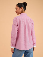 Women Fuchsia Striped Roll Up Sleeves Shirt