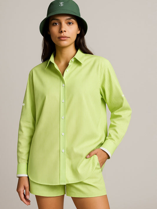 Women Green Striped Roll Up Sleeves Shirt