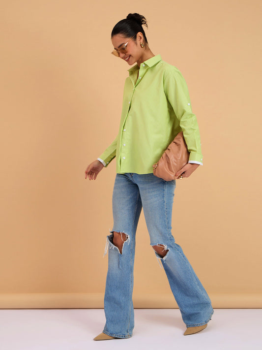 Women Green Striped Roll Up Sleeves Shirt