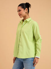Women Green Striped Roll Up Sleeves Shirt