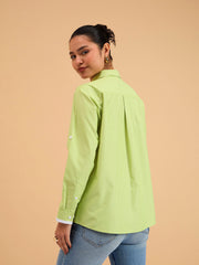 Women Green Striped Roll Up Sleeves Shirt