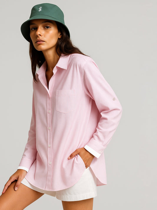 Women Pink Striped Roll Up Sleeves Shirt