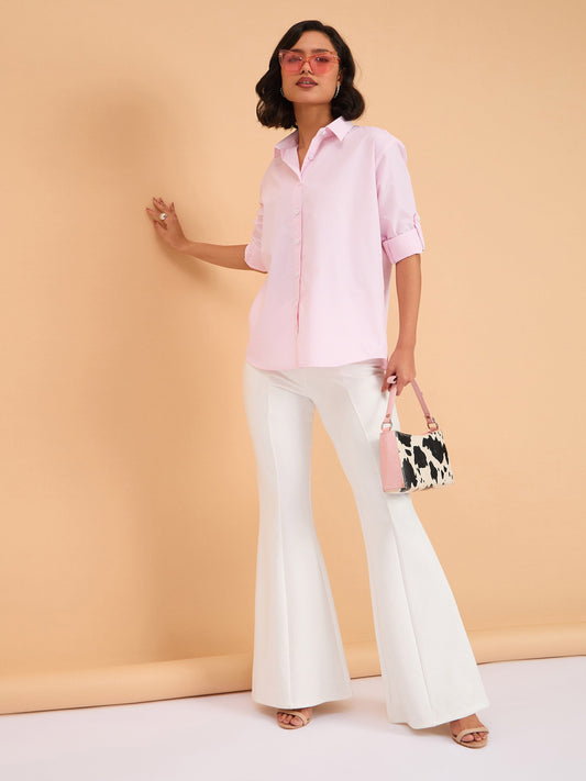 Women Pink Striped Roll Up Sleeves Shirt