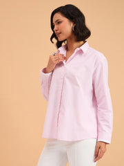 Women Pink Striped Roll Up Sleeves Shirt
