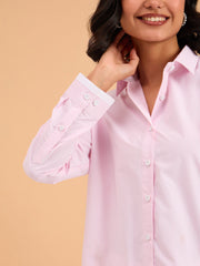 Women Pink Striped Roll Up Sleeves Shirt